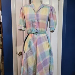 Pastel Plaid Vintage 70s Sally Lou Women's Dress